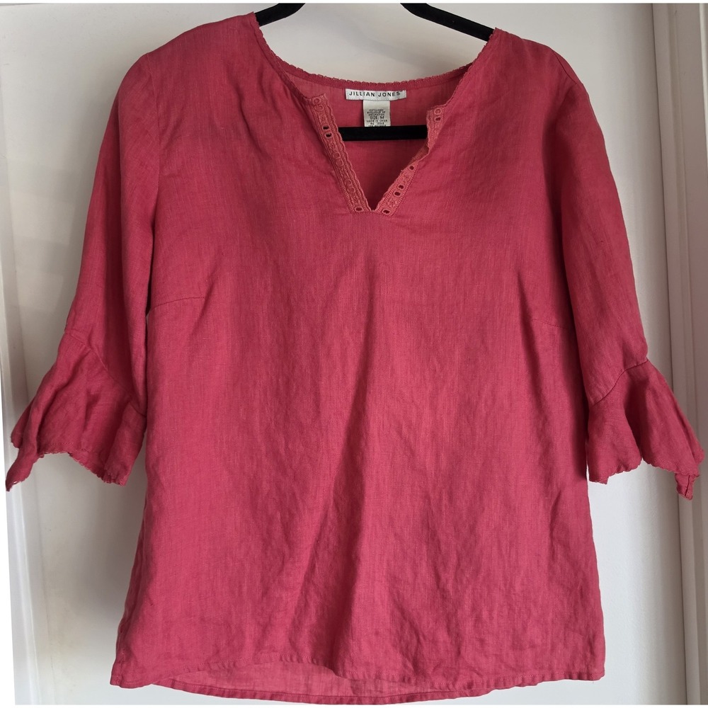 Jillian Jones Linen Blouse Women M Pink 3/4 Sleeve Top Shirt Tunic